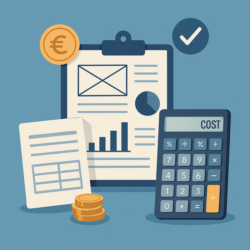 Overzicht van website laten maken kosten met grafiek en calculator op strakke werkplek