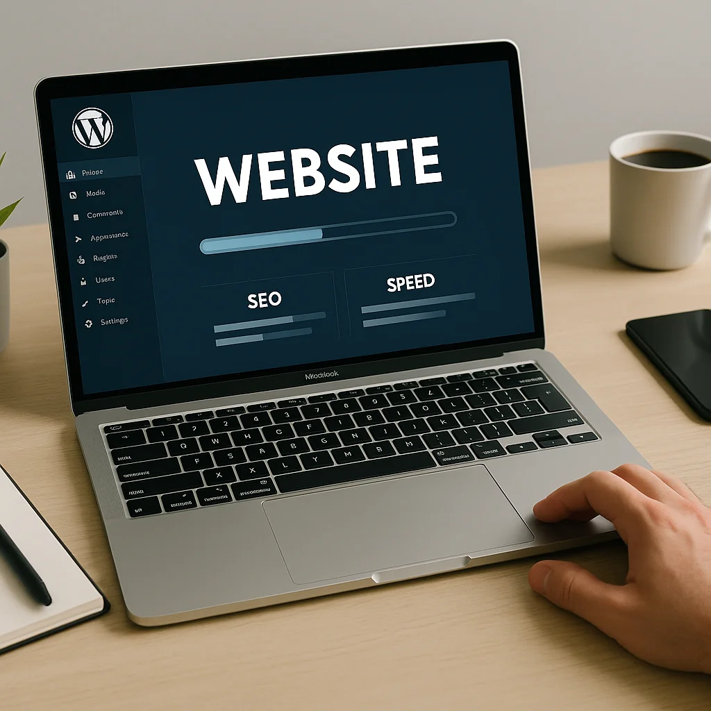 Laptop met WordPress-dashboard op moderne werkplek.