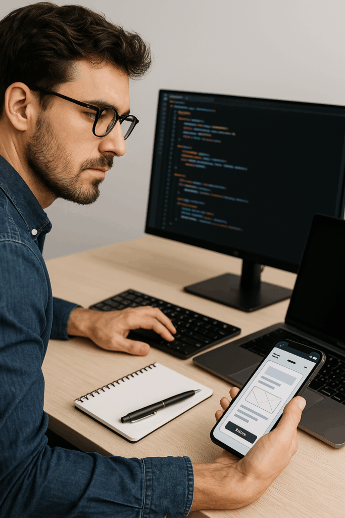 Software developer achter bureau met smartphone app prototype, laptop en notitieboek