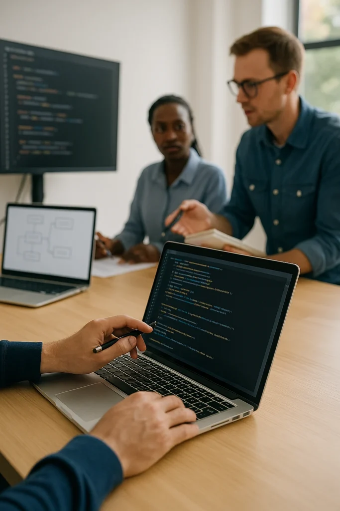 softwareontwikkelaars bespreken code en planning in moderne kantoorruimte