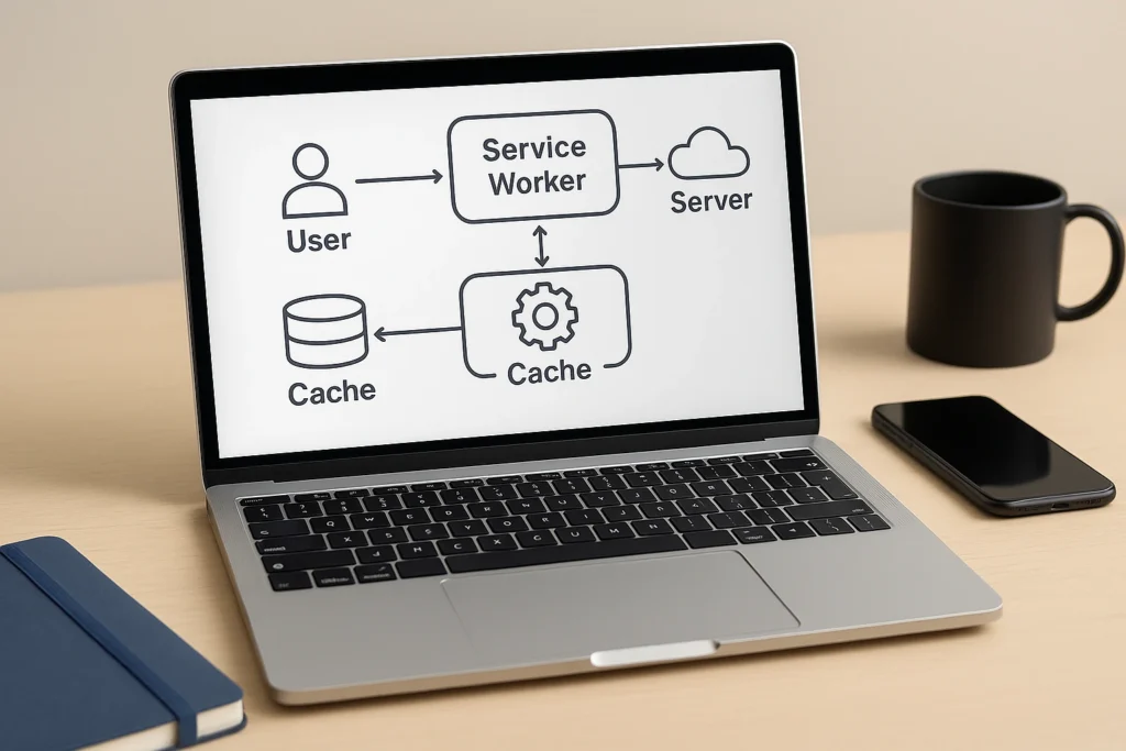 moderne laptop met webapp-diagram op scherm op nette werktafel