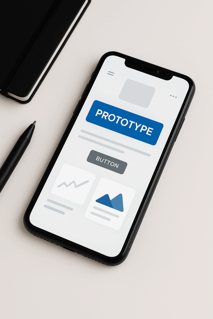 Smartphone met app prototype op bureau naast notitieboek en pen voor UX ontwerp