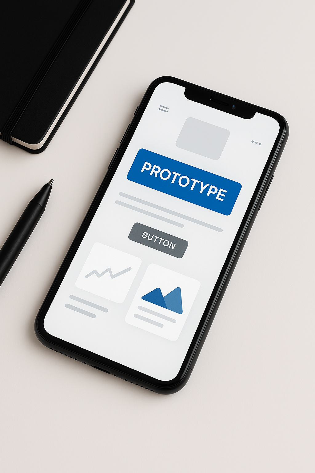 Smartphone met app prototype op bureau naast notitieboek en pen voor UX ontwerp