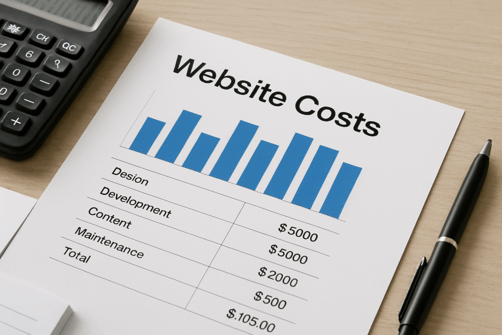 Overzicht van website laten maken kosten met calculator, kostenlijst en notitieboek op bureau.